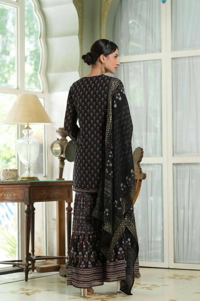 Juniper Black Georgette Festive Floral Print Straight Tunic-Sharara For Women - Distacart
