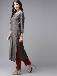 Thumbnail for Yufta Women Grey Ethnic Motifs Printed Regular Sequinned Pure Cotton Kurta with Palazzo & With Dupatta