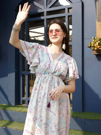 Thumbnail for Off white Rayon Foil Printed Long Dress - Michan - Distacart