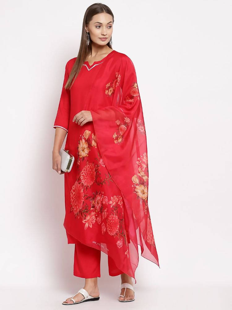 Myshka Women's Red Cotton Solid 3/4 Sleeve Square Neck Casual Kurta Pant Dupatta Set
