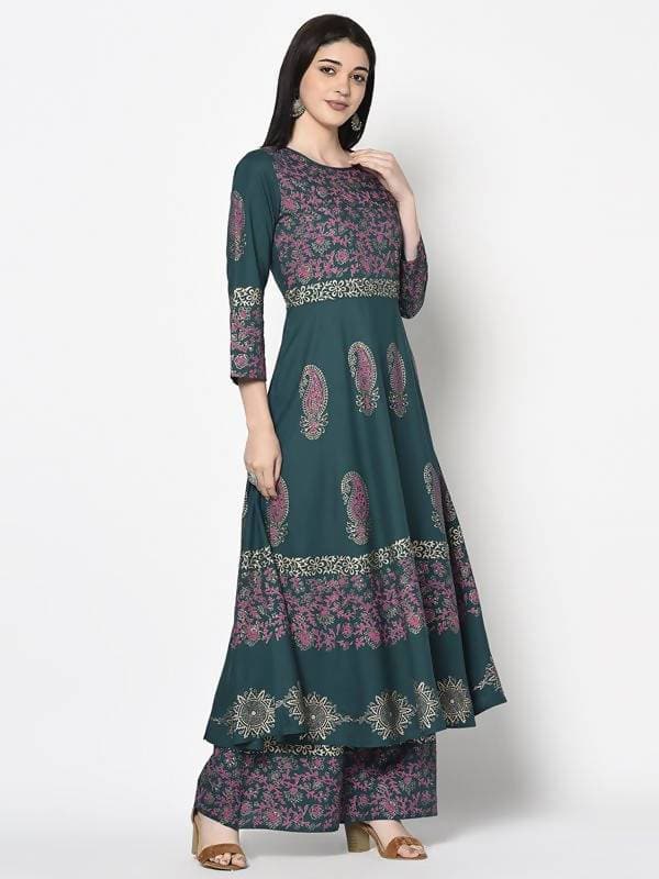 Aniyah Rayon Teal Blue Color Block Print Anarkali Kurta (AN-221K)