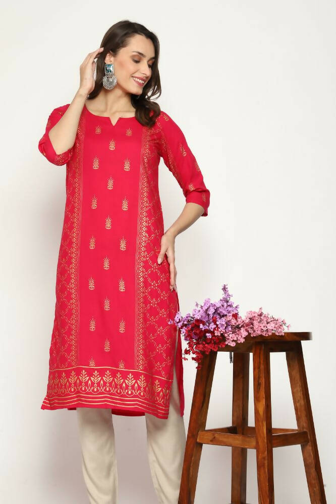 Maai Rayon Hand Printed Kurta Red - Distacart