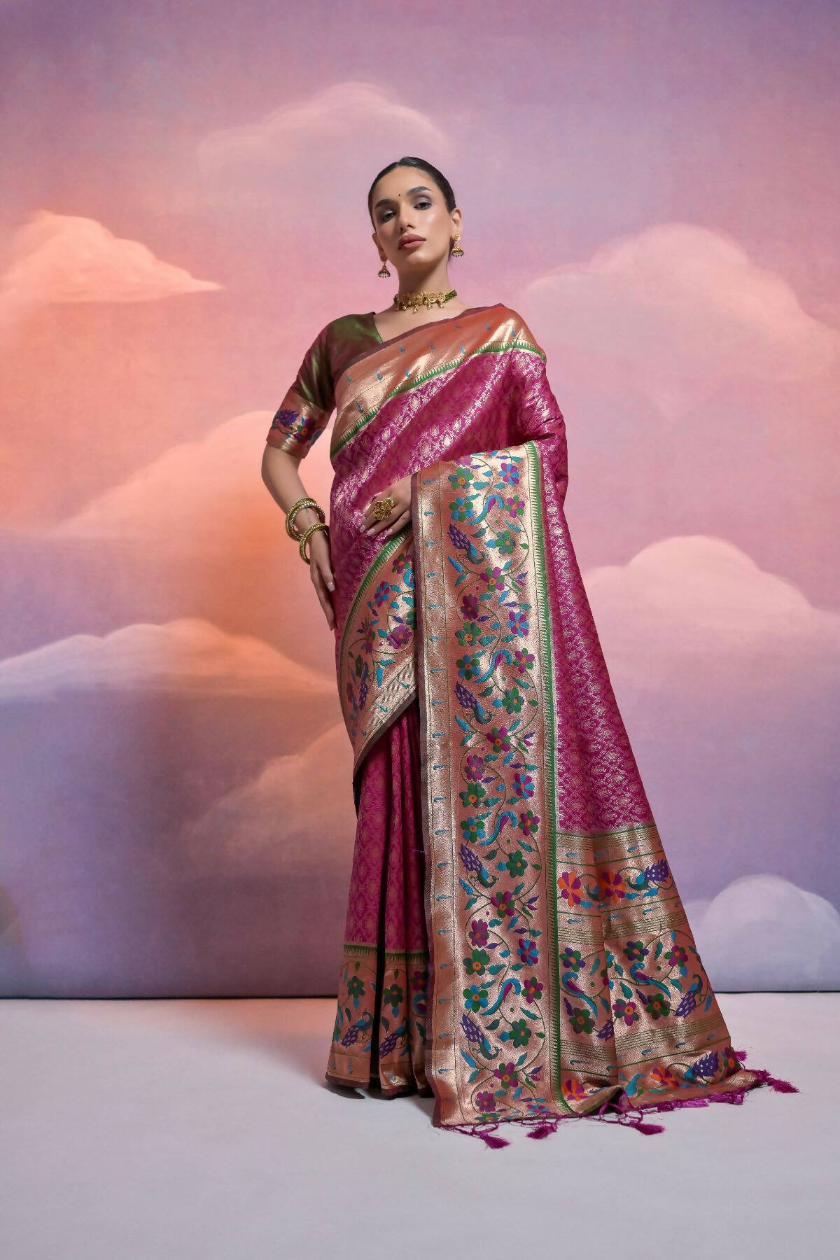 Vishnu Weaves Women's Wine Paithani Silk Zari Woven Saree with Blouse - Distacart