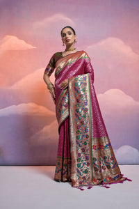 Thumbnail for Vishnu Weaves Women's Wine Paithani Silk Zari Woven Saree with Blouse - Distacart