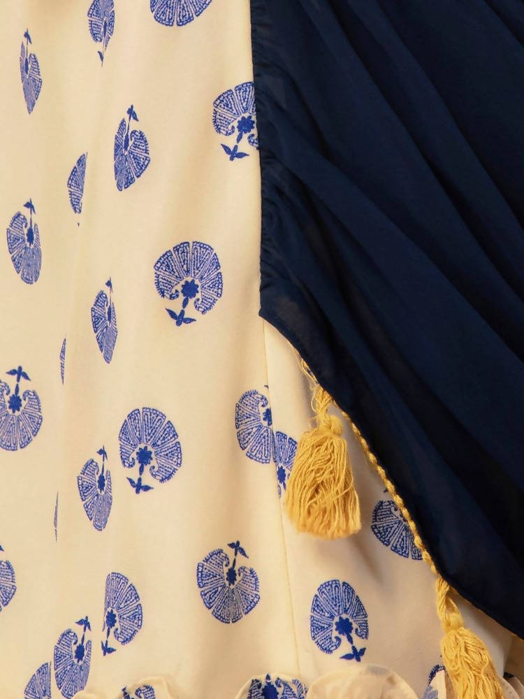 Indya Women White & Navy Blue Printed Maxi Dress With Attached Dupatta - Distacart