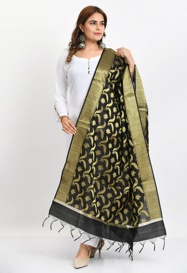Mominos Fashion Moeza Women's Banarsi Silk Floral Woven Design Black Dupatta - Distacart