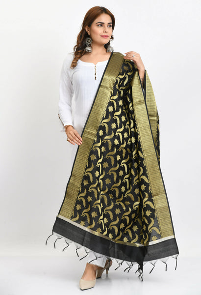 Mominos Fashion Moeza Women's Banarsi Silk Floral Woven Design Black Dupatta - Distacart