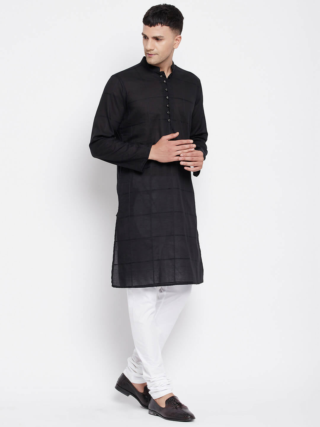 Even Apparels Pure Cotton Men's Kurta in Black Color With Band Collar - Distacart