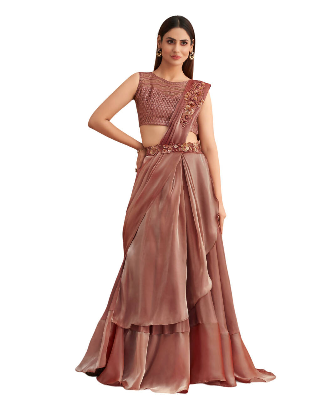 Pink Satin Embroidered Ready To Wear Saree With Unstitched Blouse Piece - Nandika - Distacart