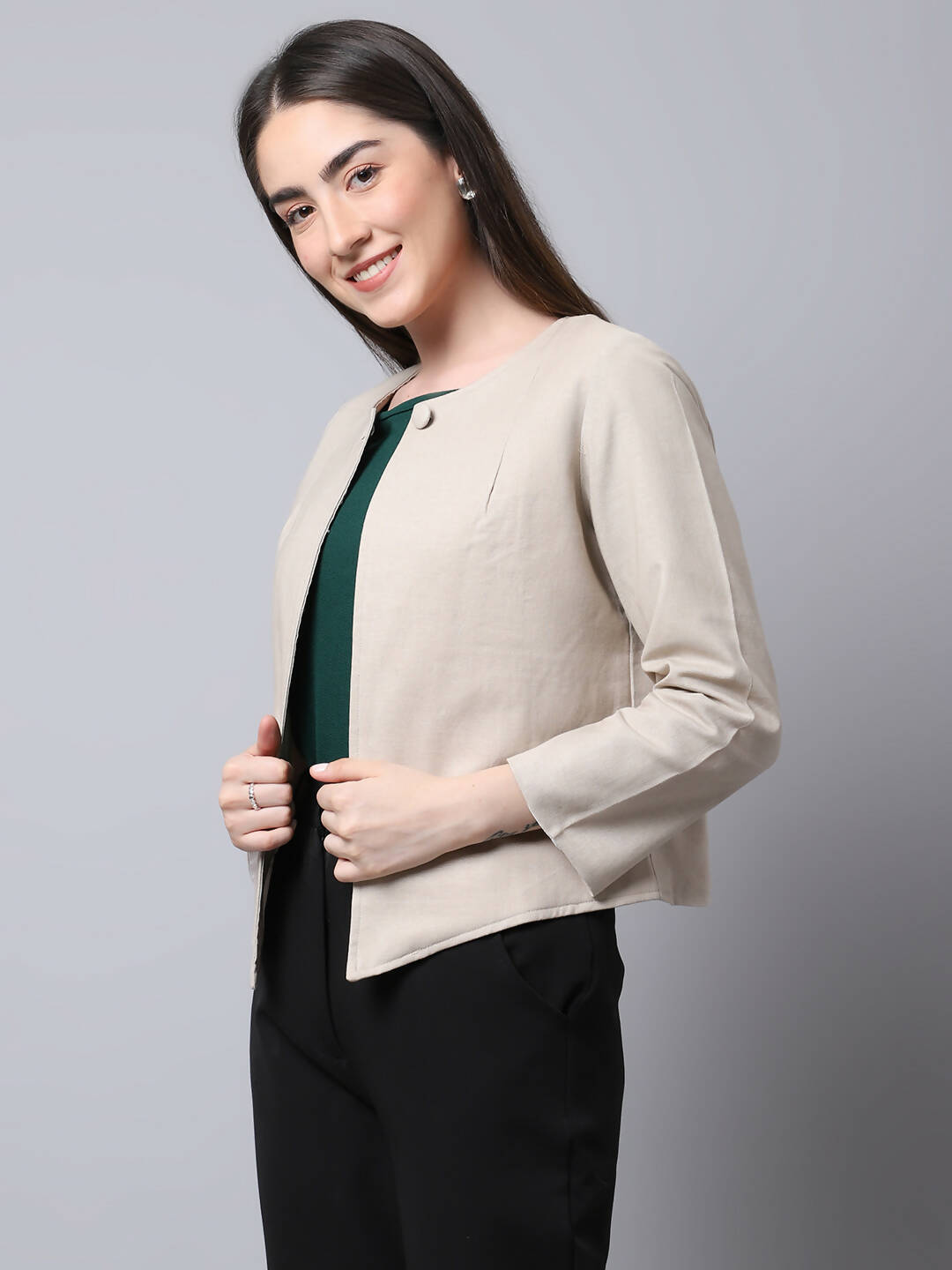 Even Apparels Cream Linen Cotton Open Front Statement Women's Jacket - Distacart