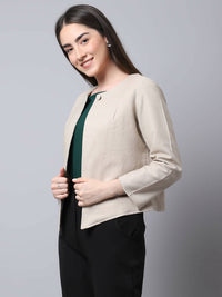 Thumbnail for Even Apparels Cream Linen Cotton Open Front Statement Women's Jacket - Distacart