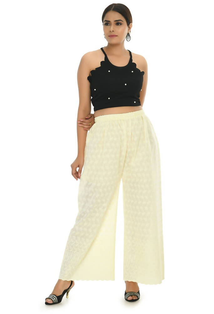 Mominos Fashion Moeza Cotton Off White Chikan Work Palazzo