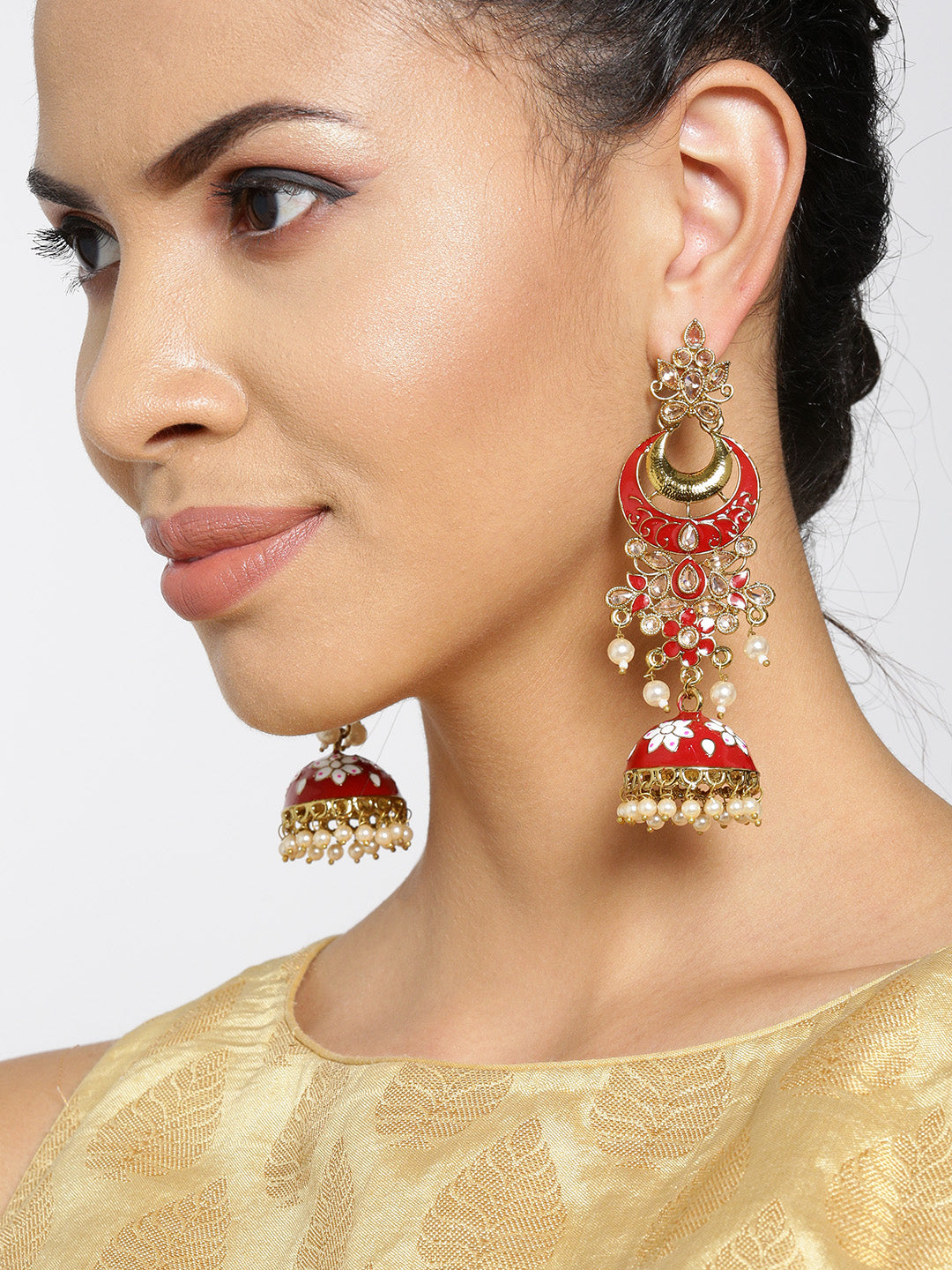 Priyaasi Women Gold-Plated Stones Studded Meenakari Jhumka Earrings in Maroon and White Color - Distacart