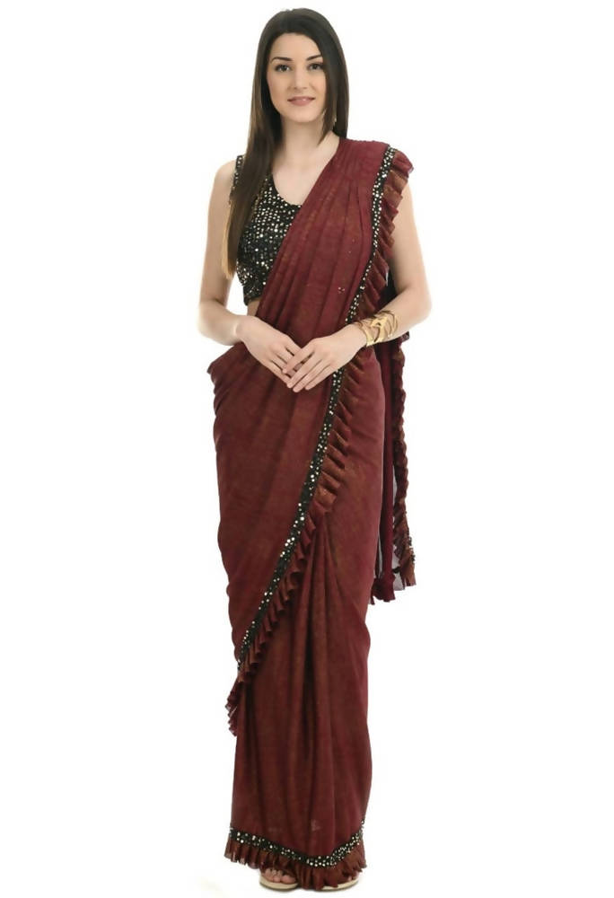 Mominos Fashion All Season Wear Rust And Black Ruffled Ready To Wear Saree - Distacart