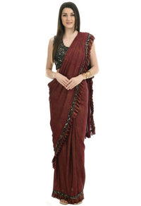 Thumbnail for Mominos Fashion All Season Wear Rust And Black Ruffled Ready To Wear Saree - Distacart