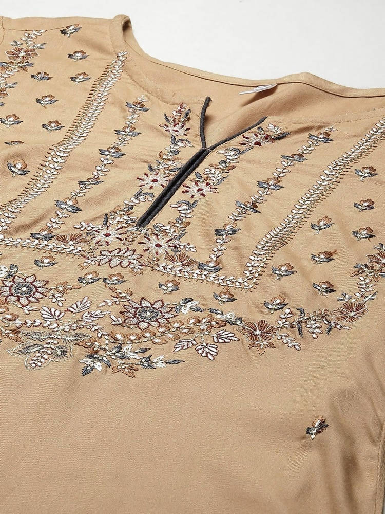 Yufta Women Beige & Charcoal Grey Ethnic Motifs Embroidered Kurta with Trouser & Dupatta