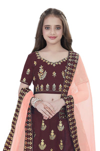 Thumbnail for Dwiden Maroon Kamal Tafetta Sattin Semi-Stitched Girl's Lehenga Choli - Distacart