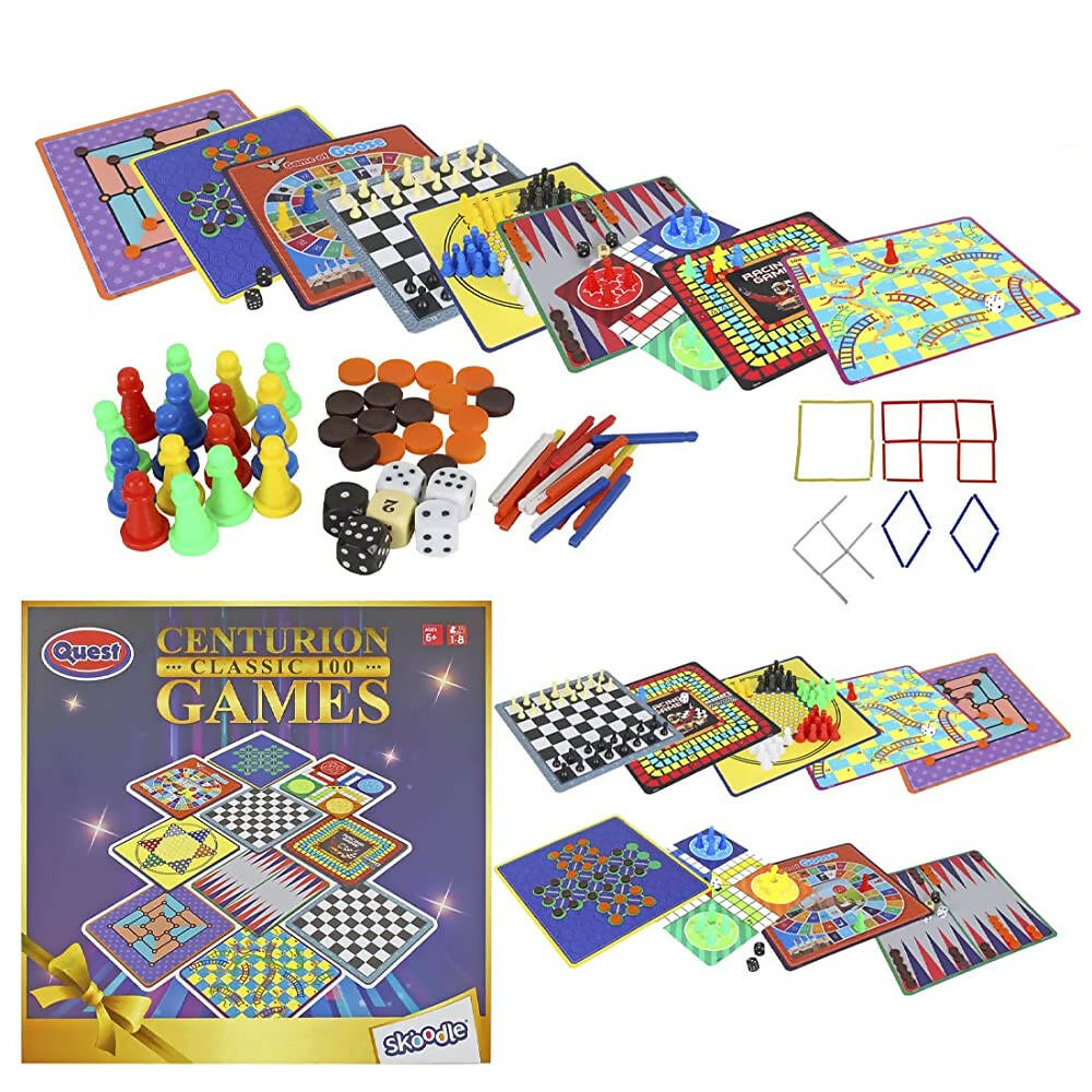 Skoodle Quest Centurion 5 Double Sided 100 Classic Family Board Games Collection 3D Box for Adults & Kids Chess, Ludo, Checkers & More - Age 3+Years - Distacart