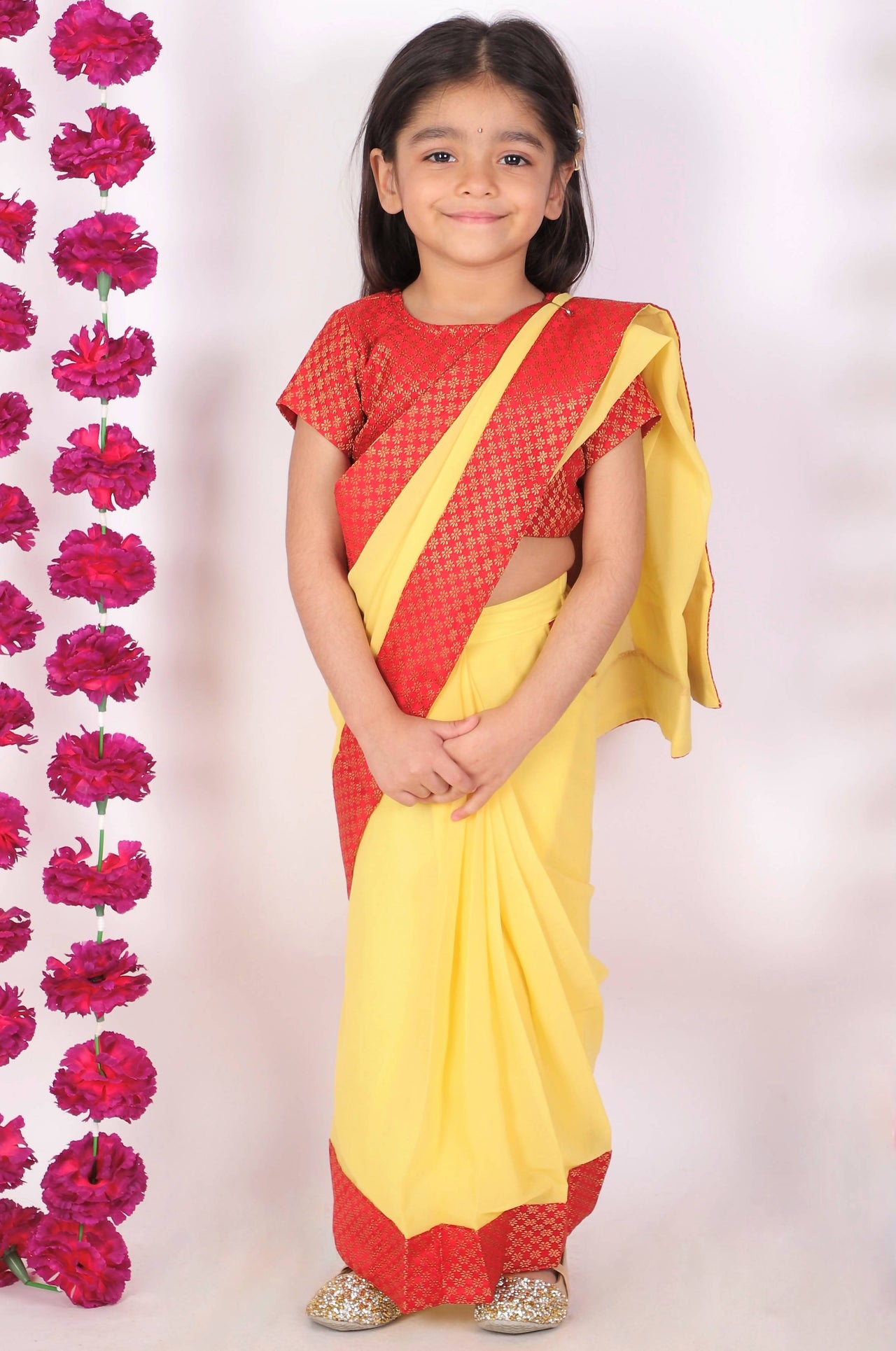 Little Bansi Red and Yellow Color Saree with Floral Brocade Blouse