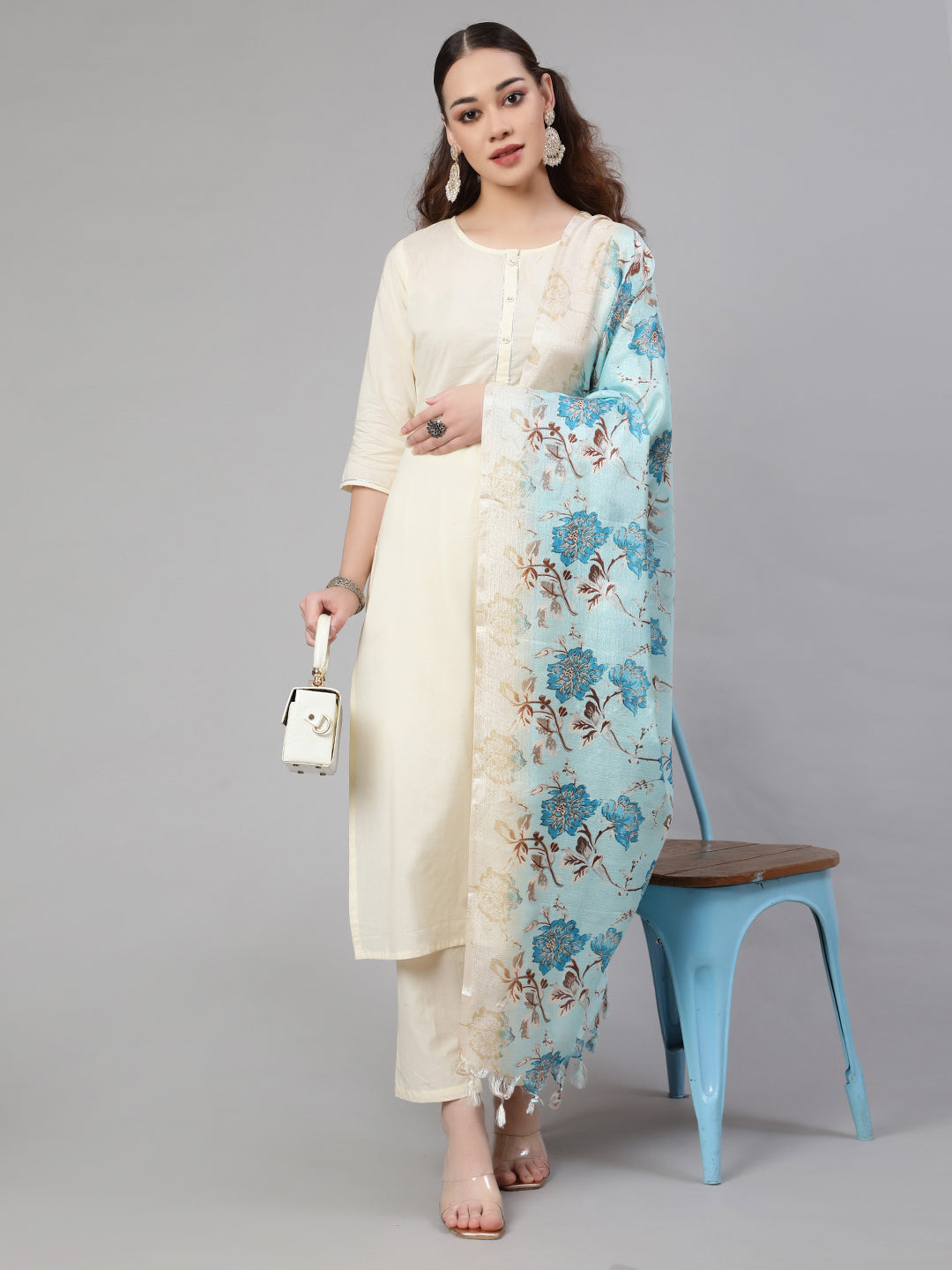 NOZ2TOZ Women Cream Straight Solid Kurta With Trouser And Art Silk Dupatta - Distacart