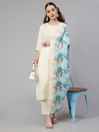 Thumbnail for NOZ2TOZ Women Cream Straight Solid Kurta With Trouser And Art Silk Dupatta - Distacart
