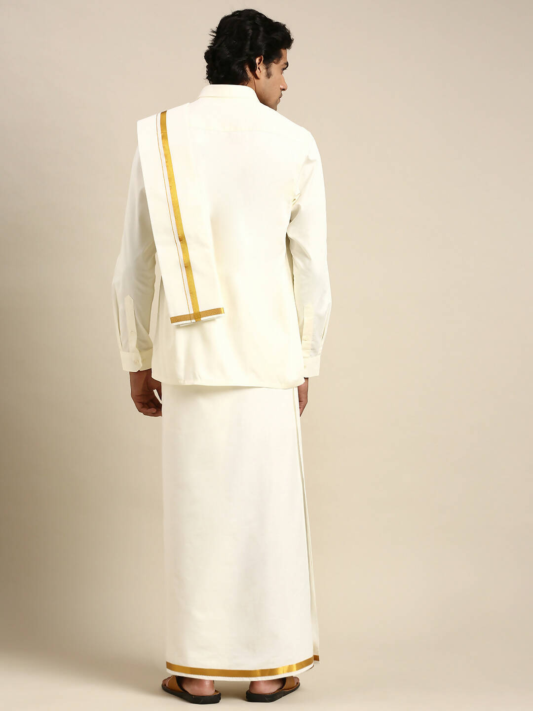 Ramraj Cotton Premium Wedding Cream Regular Dhoti, Shirt & Towel Set Arathi 3/4" - Distacart