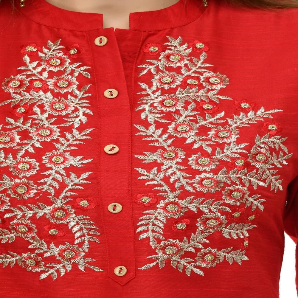 Lagi Women's Red Poly silk Straight Embroidred Kurta & Pant (RO116B)