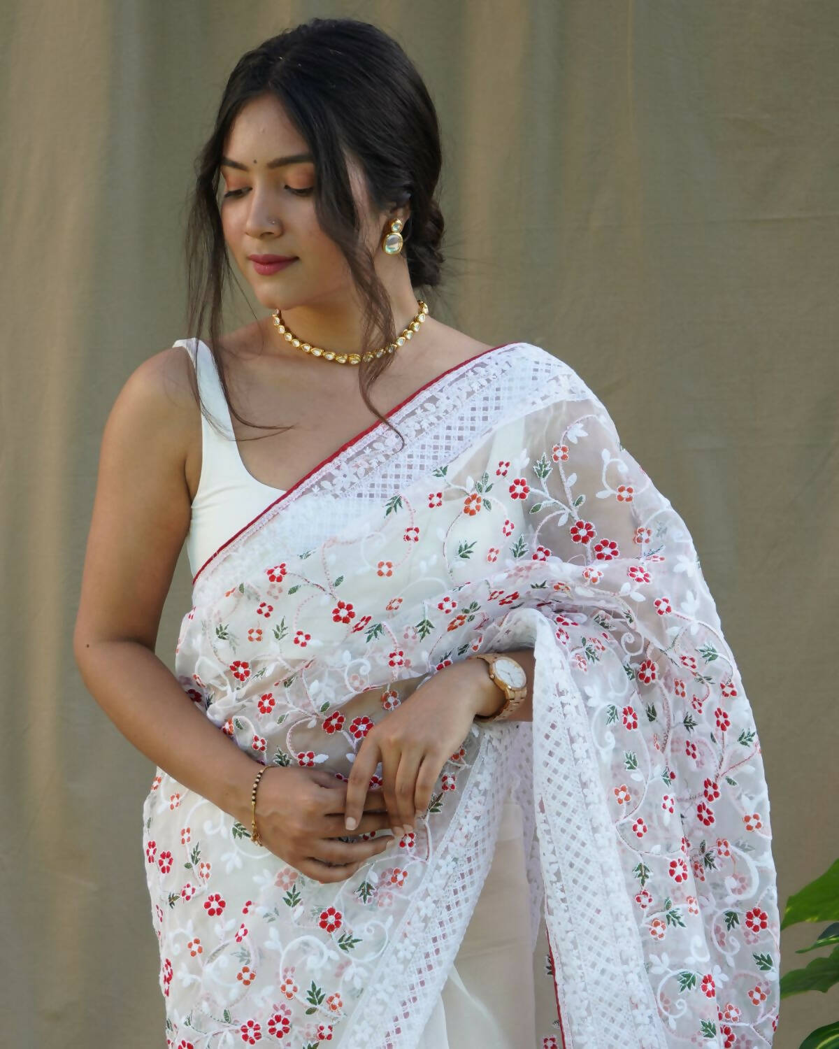 Vastrasky White Organza Saree - Distacart