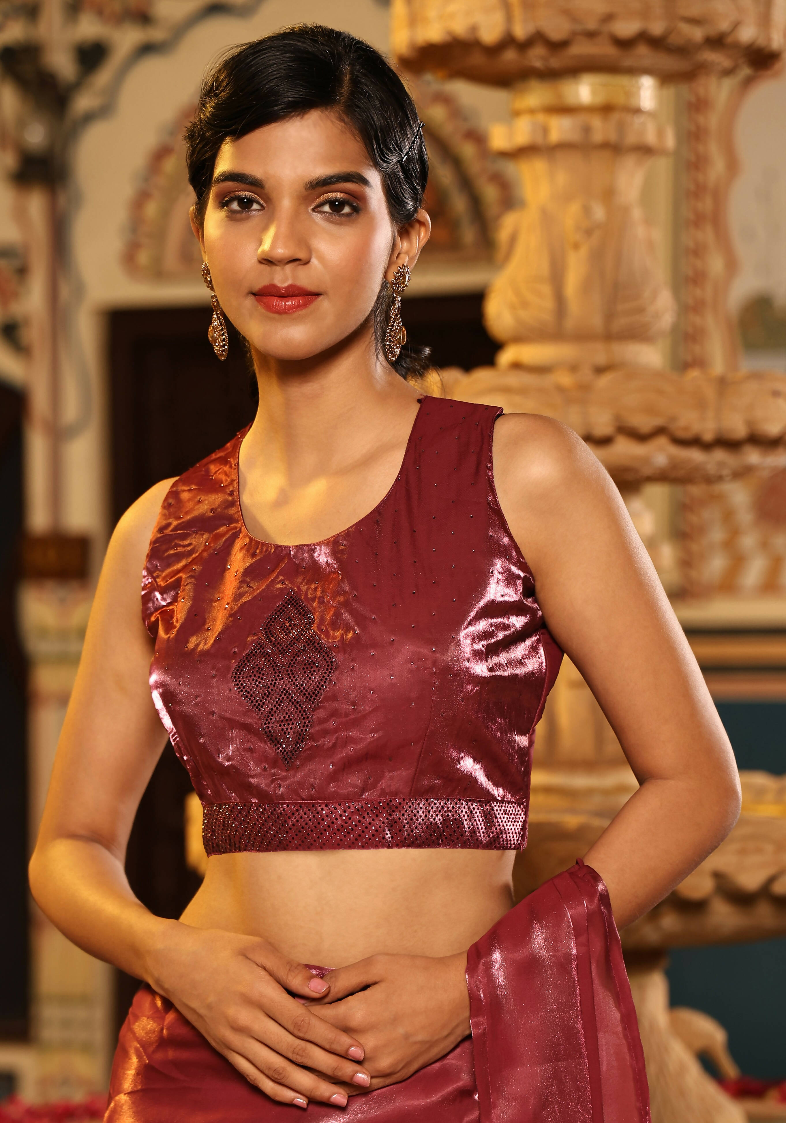Maroon Tom Silk Plain Ready To Wear Saree With Stitched Blouse - Satiksha - Distacart