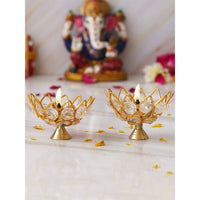 Thumbnail for eCraftIndia Gold-Toned 2 Pieces Crystal Lotus Shape Brass Diyas - Distacart
