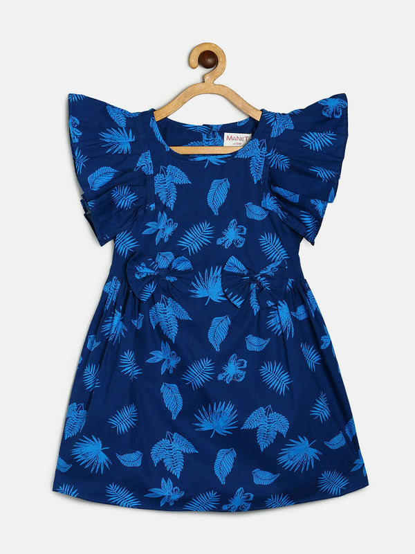 Manet Cotton Frill Bow Frock Leaf Printed - Blue - Distacart