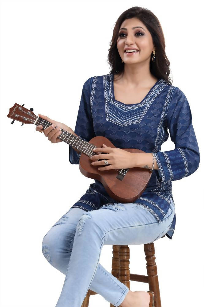 Snehal Creations Indigo Blue Summer Cool Short Kurti Tunic Top