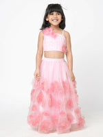 Thumbnail for Lil Drama Paris Nights Girls Pink 3D Flower Embellished Lehanga Top - Distacart