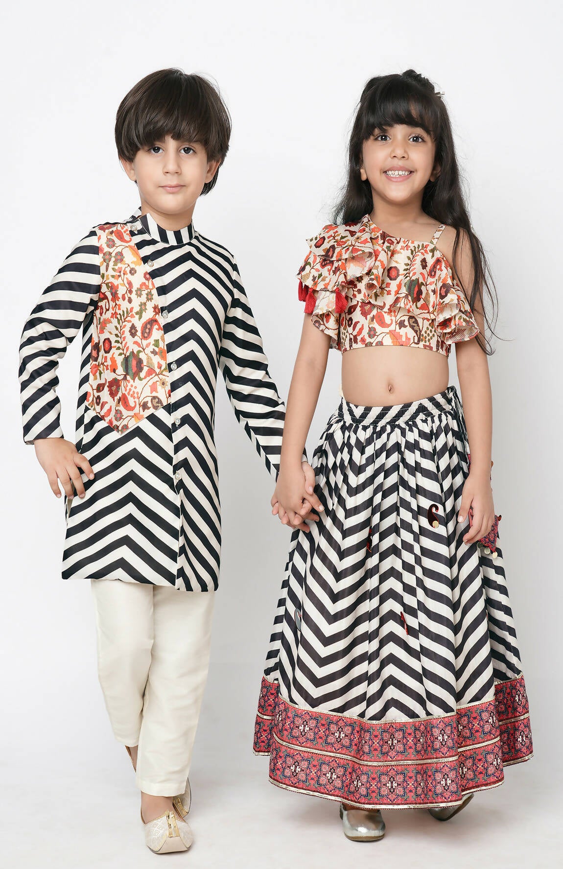 Lil Drama Chromatic Fusion Girls Black & White Stripe Hand Embroidery Lehanga Choli - Distacart