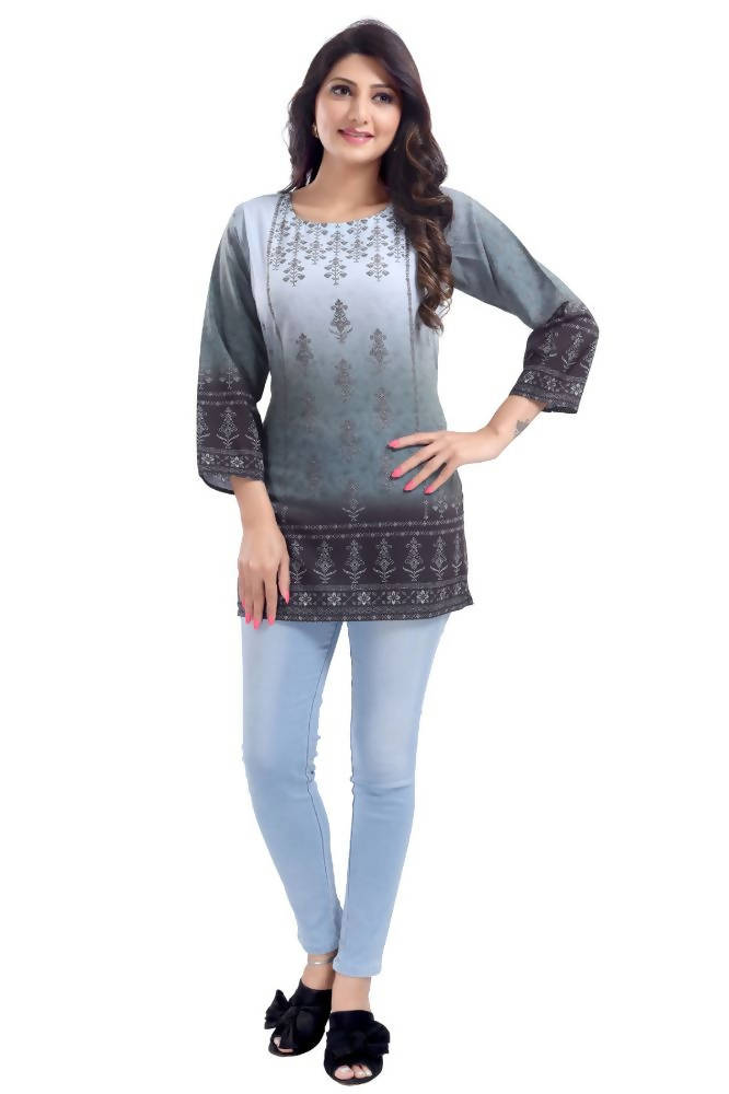 Snehal Creations Gray Color Faux Crepe Printed Short Kurti Tunic