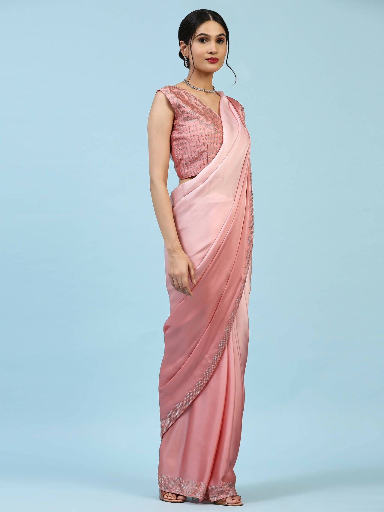 Peach Ombre Satin Georgette Plain Ready to wear Saree with stitched Blouse - Vrinda - Distacart