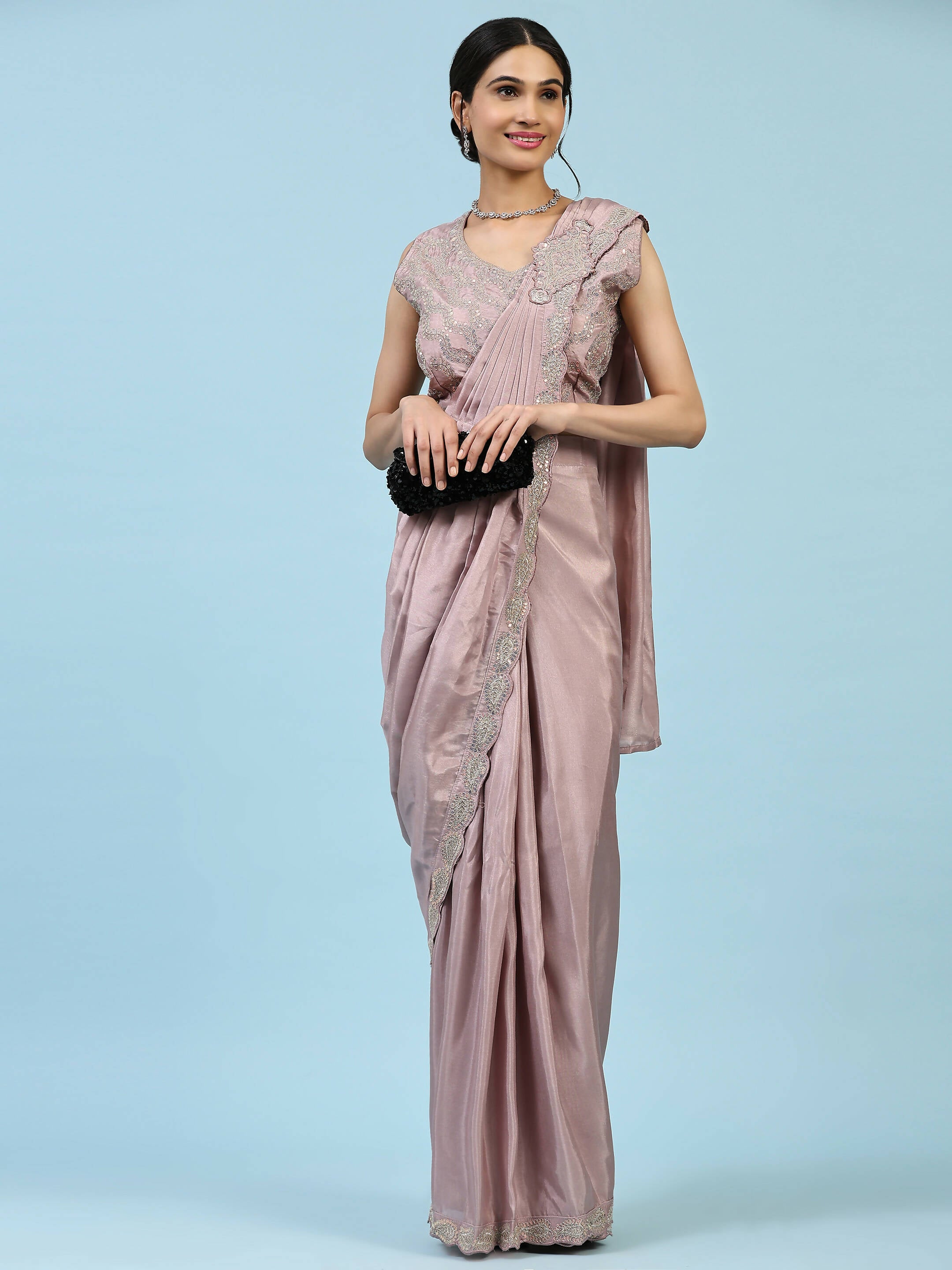 Lavendar Silk Satin Plain Ready to wear Saree with stitched Blouse - Vrinda - Distacart