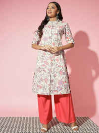 Thumbnail for Myshka Women Multi Floral Cotton A-Line Round Neck Kurtas - Distacart