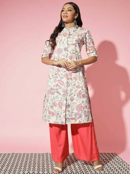 Myshka Women Multi Floral Cotton A-Line Round Neck Kurtas - Distacart