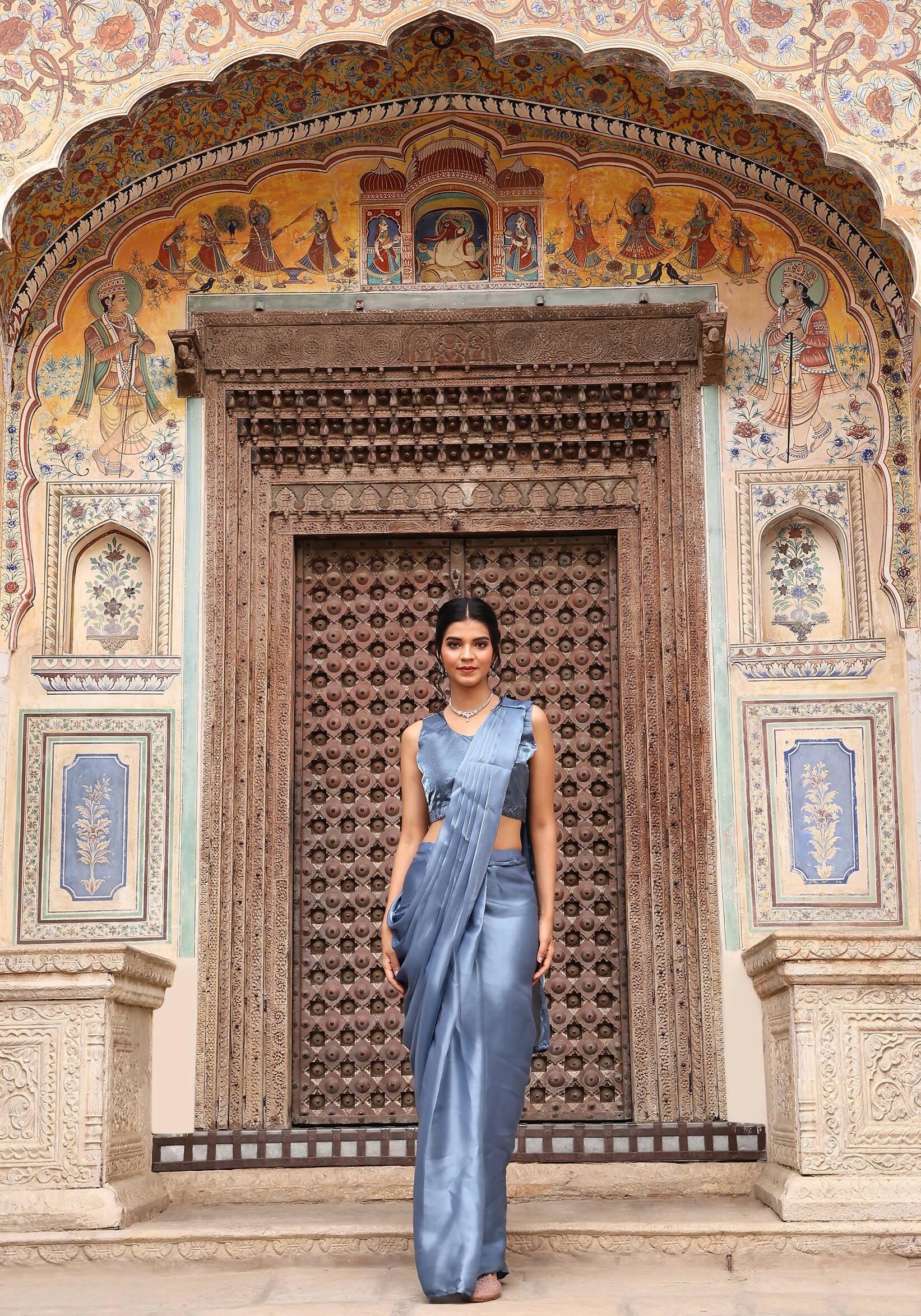 Sky Blue Tom Silk Plain Ready To Wear Saree With Stitched Blouse - Satiksha - Distacart