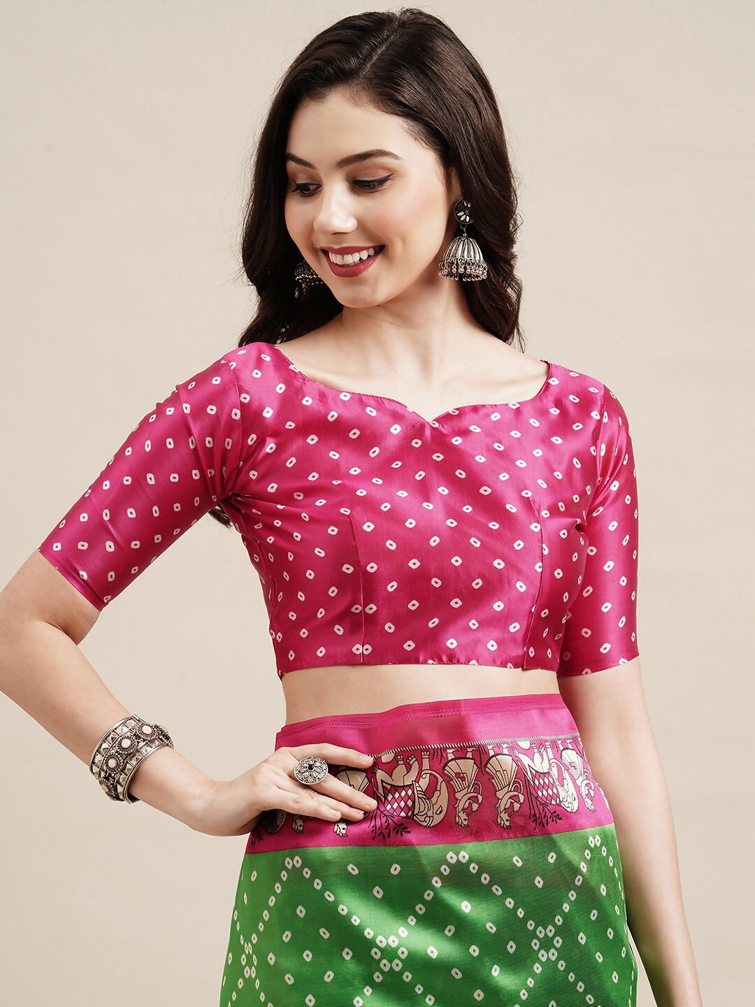 Saree Mall Green & Fuchsia Bandhani Silk Blend Bandhani Sarees - Distacart