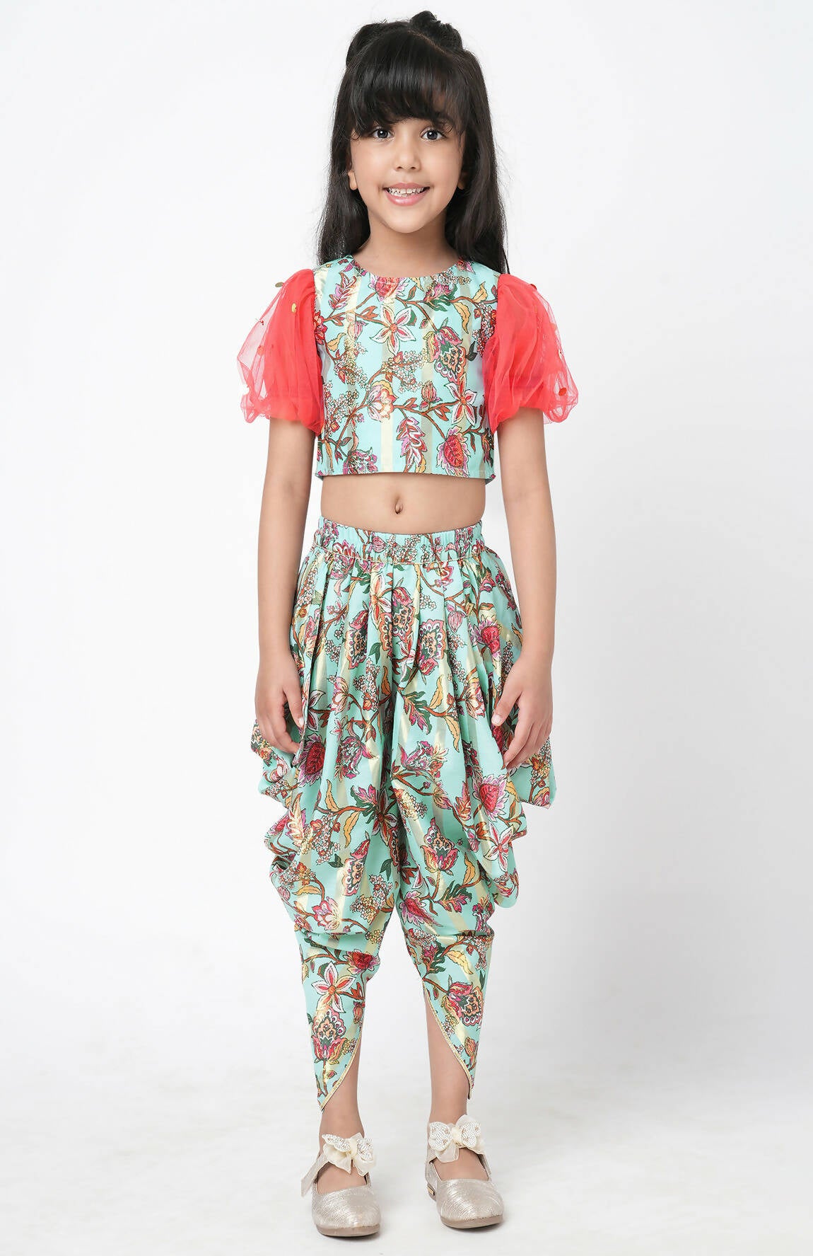 Lil Drama Golden Weaves Blue Crop Top With Dhoti Co-Ordinate Set - Distacart