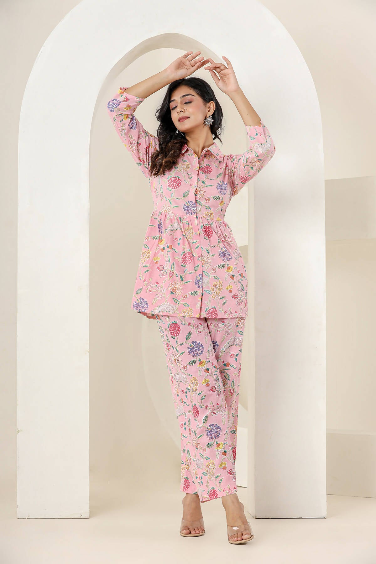 Kaajh Women's Baby Pink Printed Cotton Co-ord Set - Distacart