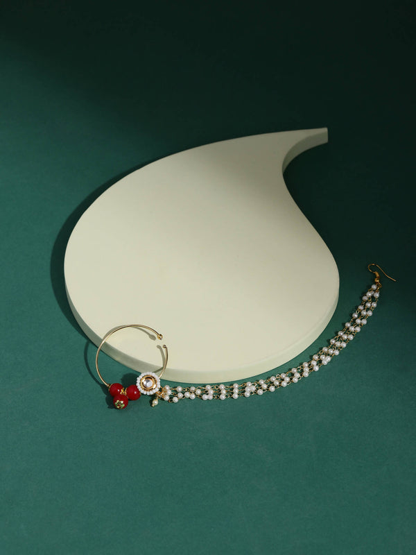 White Red Gold-Plated Kundan-Studded Beaded Nosepin - Ruby Raang - Distacart