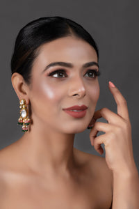 Thumbnail for Peryl Women's Pink Green Gold Tone Kundan Earrings - Distacart