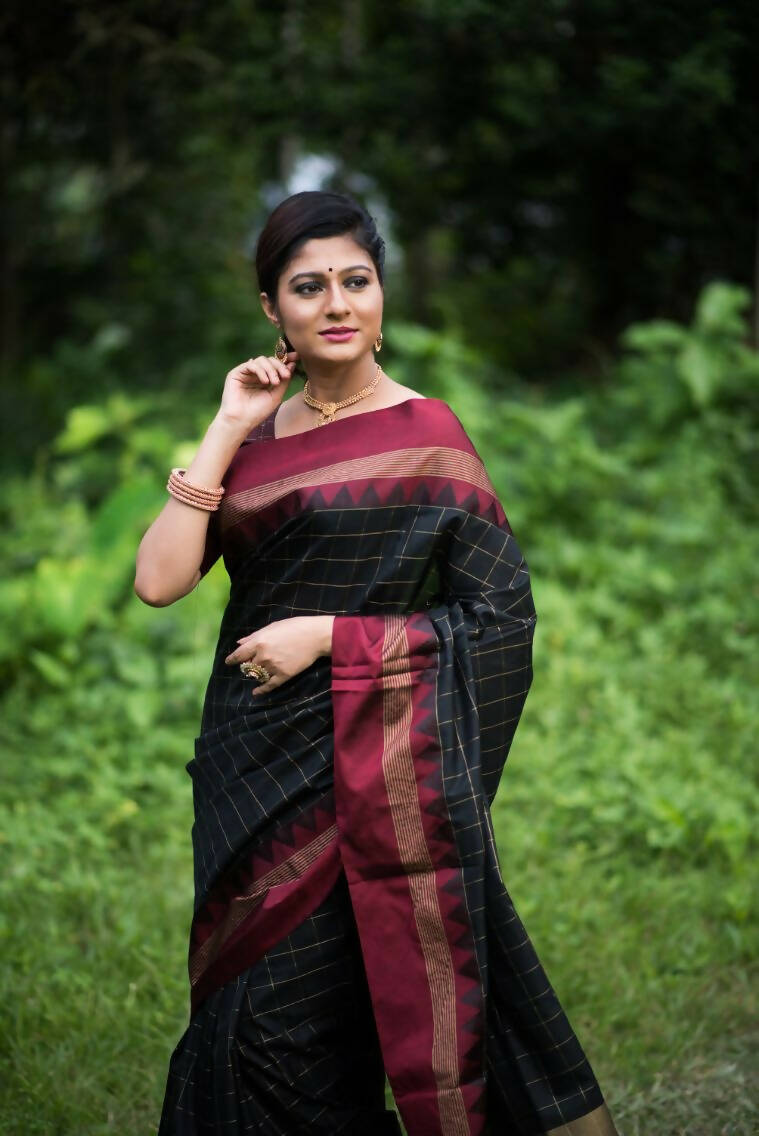 Vishnu Weaves Women's Black Raw Silk Checks Zari Woven Saree with Unstitched Blouse - Distacart