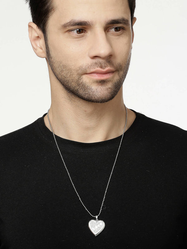 NVR Men Silver Plated Heart Shaped Pendent With Picture Frame And Chain - Distacart