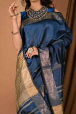Thumbnail for Very Much Indian Handloom Pure Dupion Silk Saree With Sleek Golden Border - Blue - Distacart