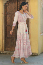 Thumbnail for Juniper Women's Pink Viscose Shantoon Festive Printed Flared Dress - Distacart