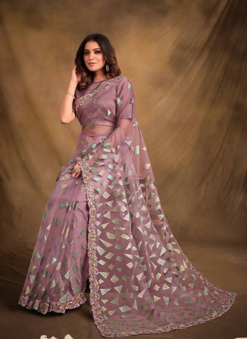 Light Purple Velvet Texture Net Designer Saree with Unstitched Blouse - Norita Mahitha - Distacart